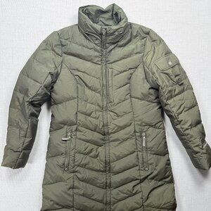 Eddie Bauer Long Puffer Down Coat Quilted Olive Green Nylon Blend Size L